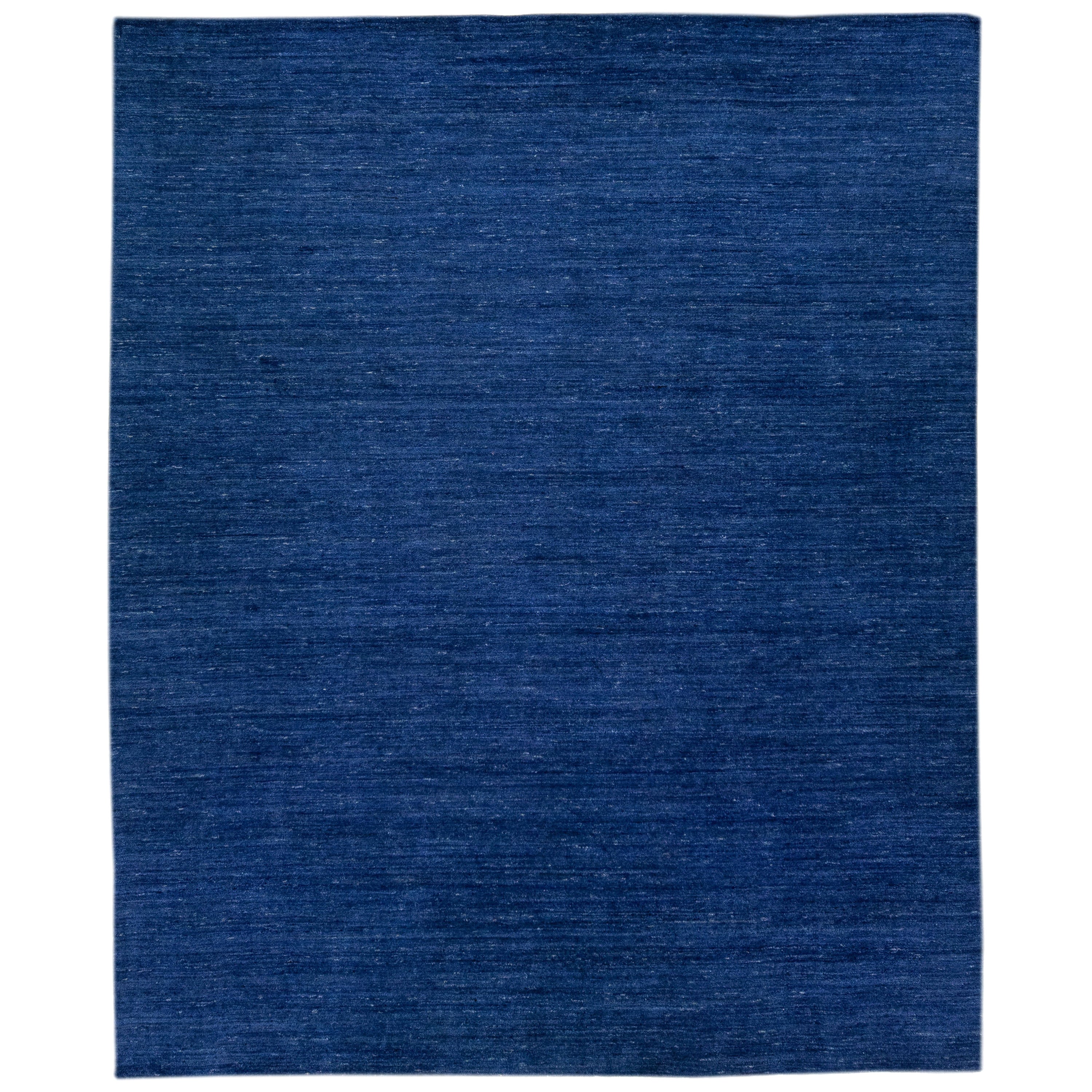 Modern Gabbeh Style Handmade Oversize Blue Wool Rug with Solid Motif  For Sale