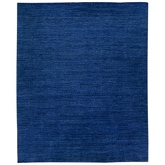 Modern Gabbeh Style Handmade Oversize Blue Wool Rug with Solid Motif 