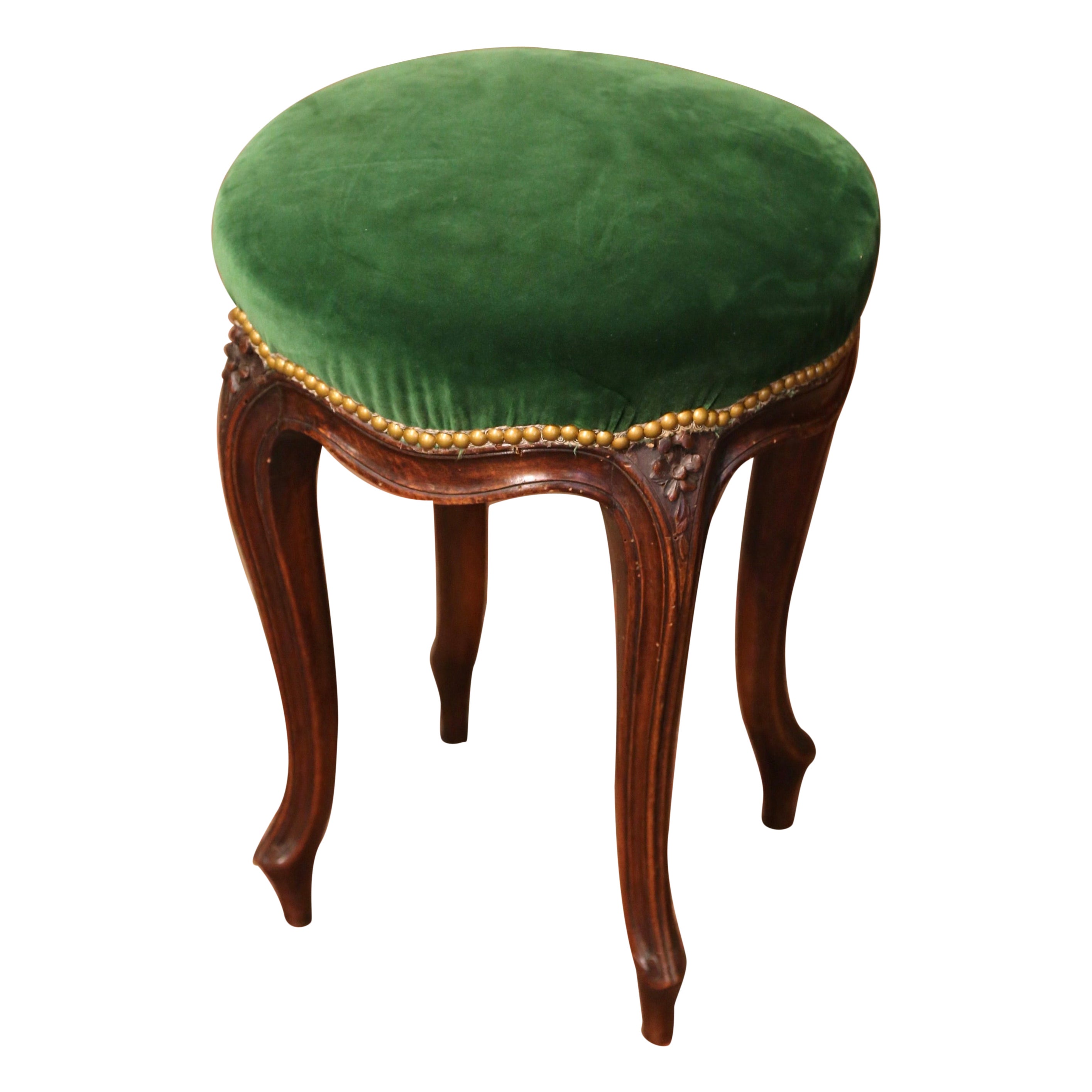 19th Century French Louis XV Carved Walnut Stool with Green Velvet For Sale