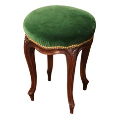 Vintage 19th Century French Louis XV Carved Walnut Stool with Green Velvet
