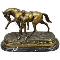 Delaware Park Bronze Equestrian Rider Jockey and Horse Marble Base Sculpture