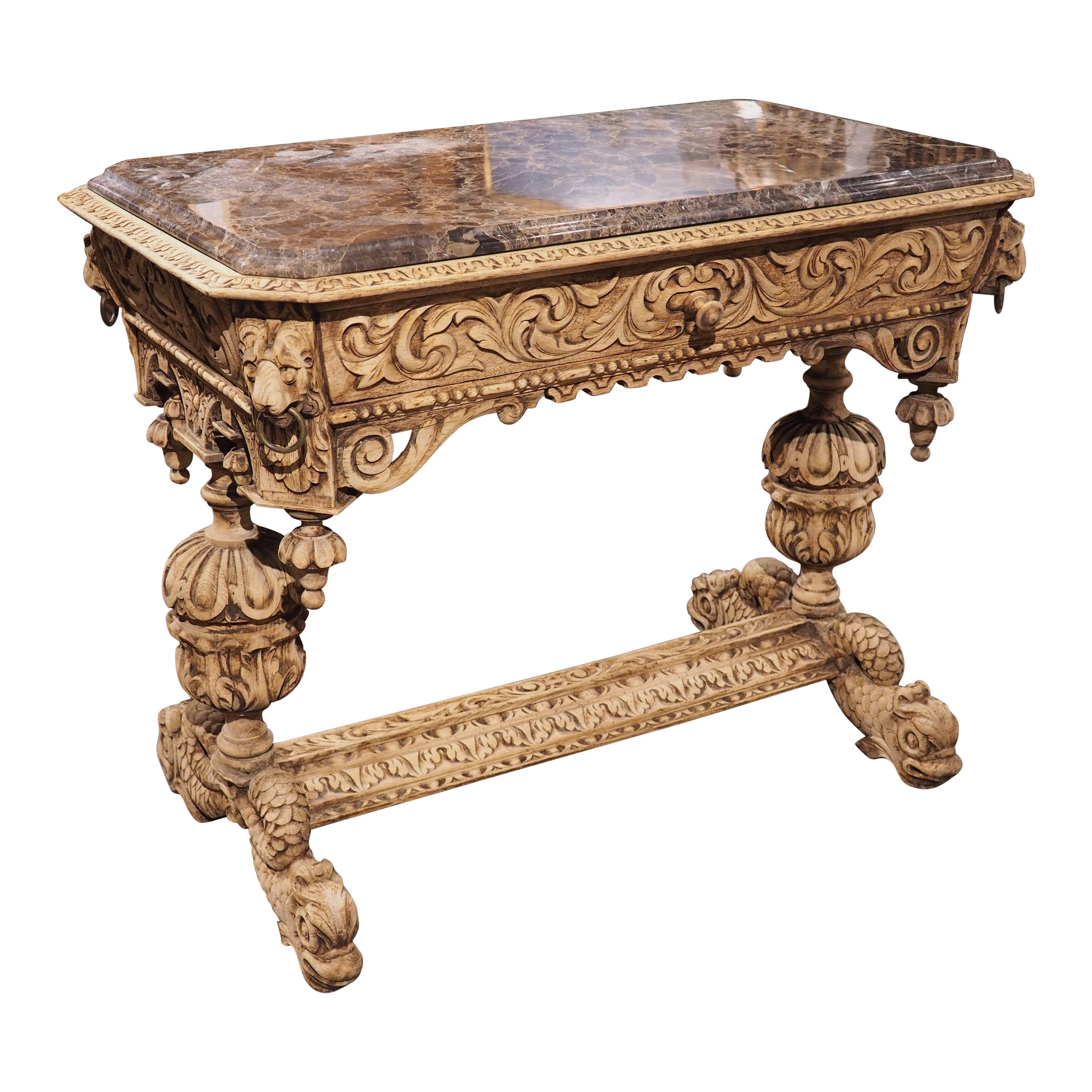 Table de style Renaissance en chêne français du 19ème siècle, rayée, avec plateau en marbre en vente