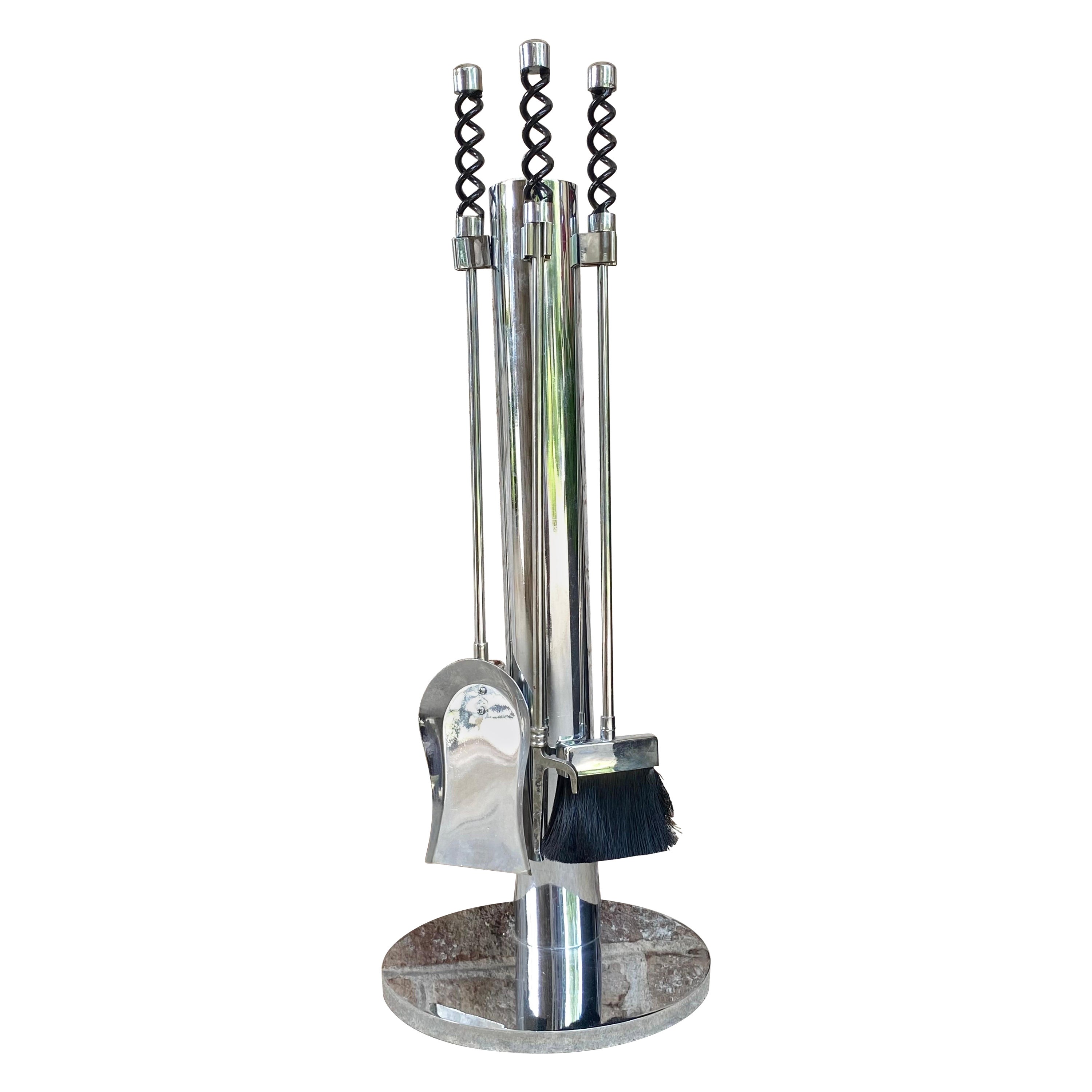 Modernist Chrome Fireplace Tools with Spring Handles