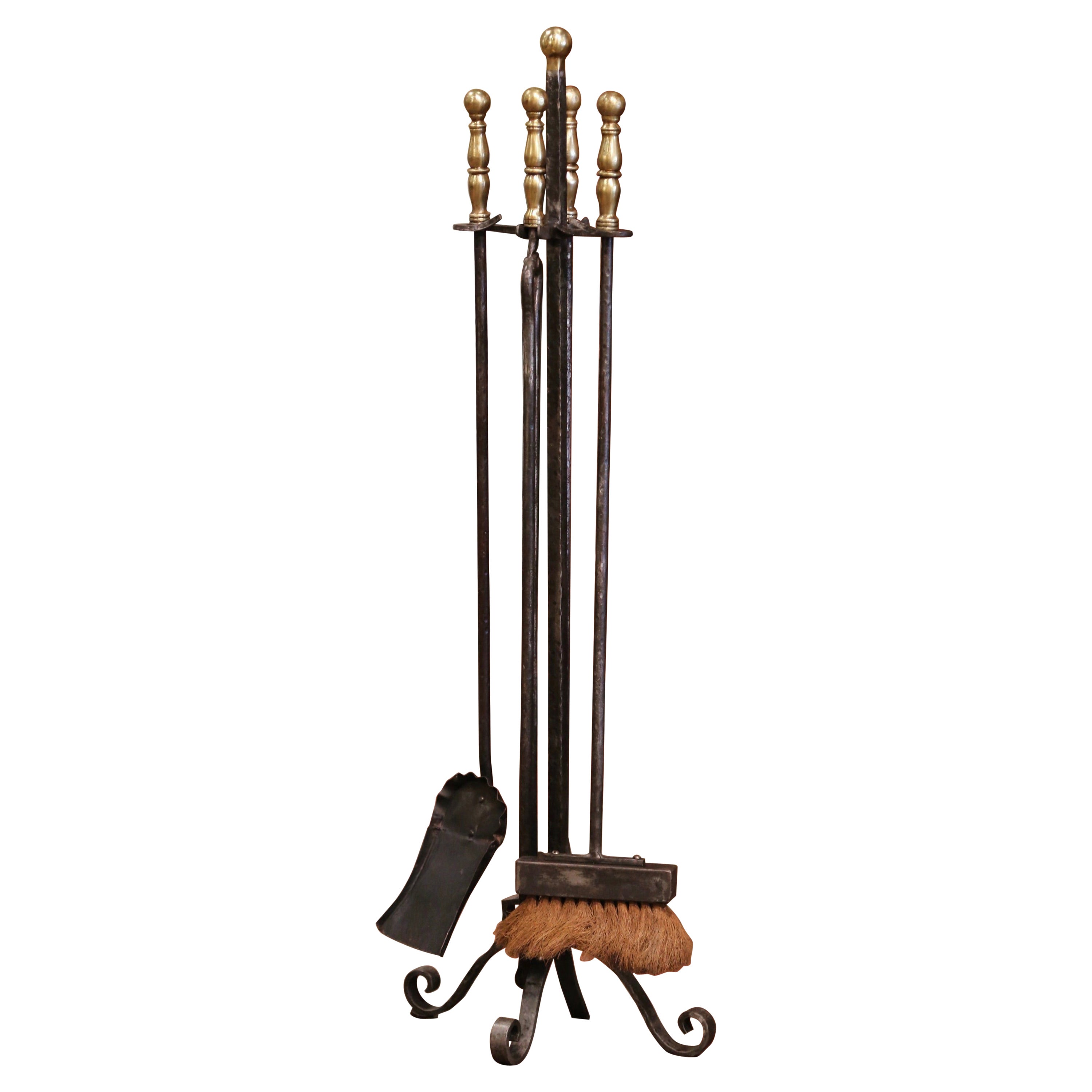 19th Century French Gothic Wrought Iron Fireplace Tool Set with Bronze Handles For Sale