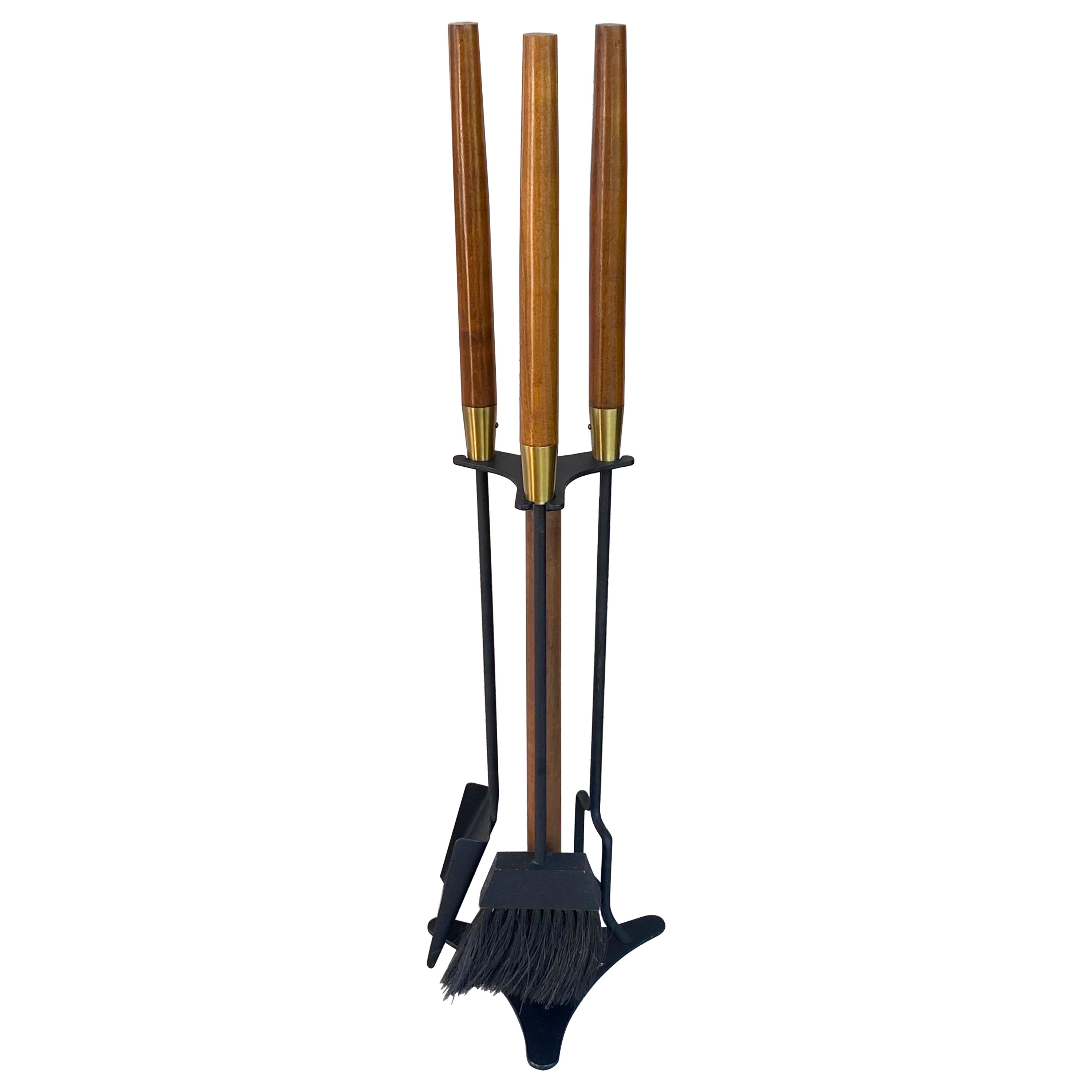 Modern set of Fireplace Tools with Wood Handles