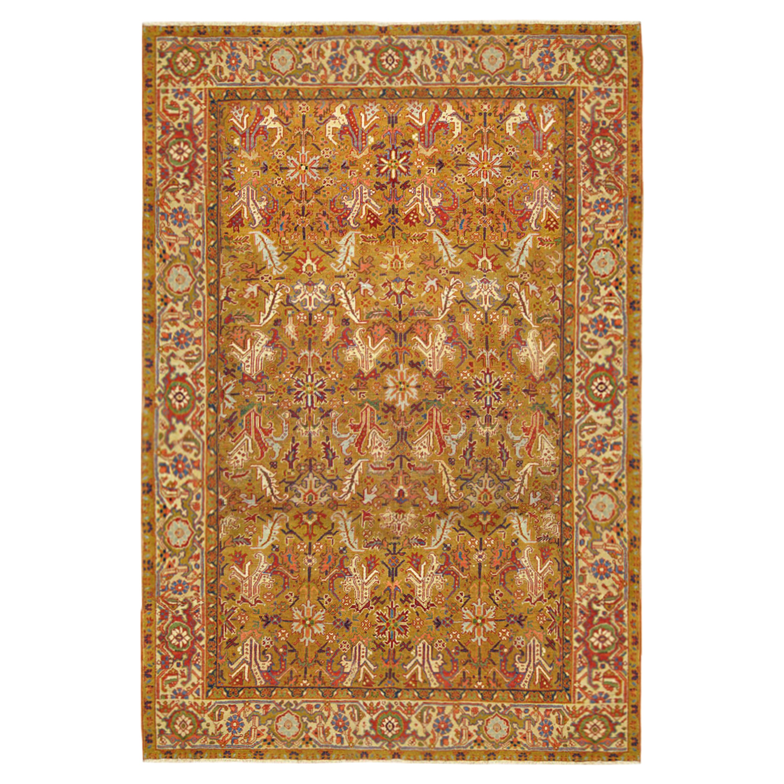 Antique Persian Heriz Oriental Rug, Room Size, W/ Symmetrical Design For Sale
