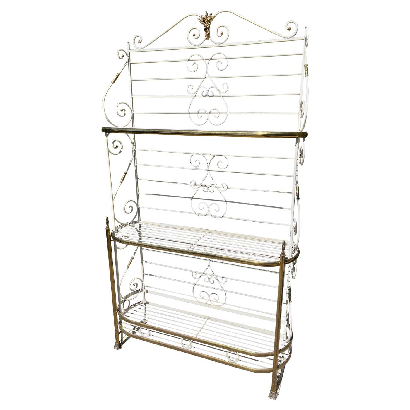 Three Shelf White Metal Bakers Rack with Brass Accents For Sale at 1stDibs