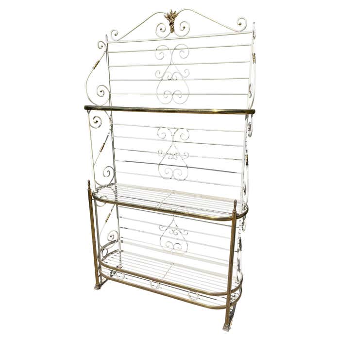 Three Shelf White Metal Bakers Rack with Brass Accents For Sale at 1stDibs