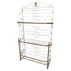 Used Three Shelf White Metal Bakers Rack with Brass Accents