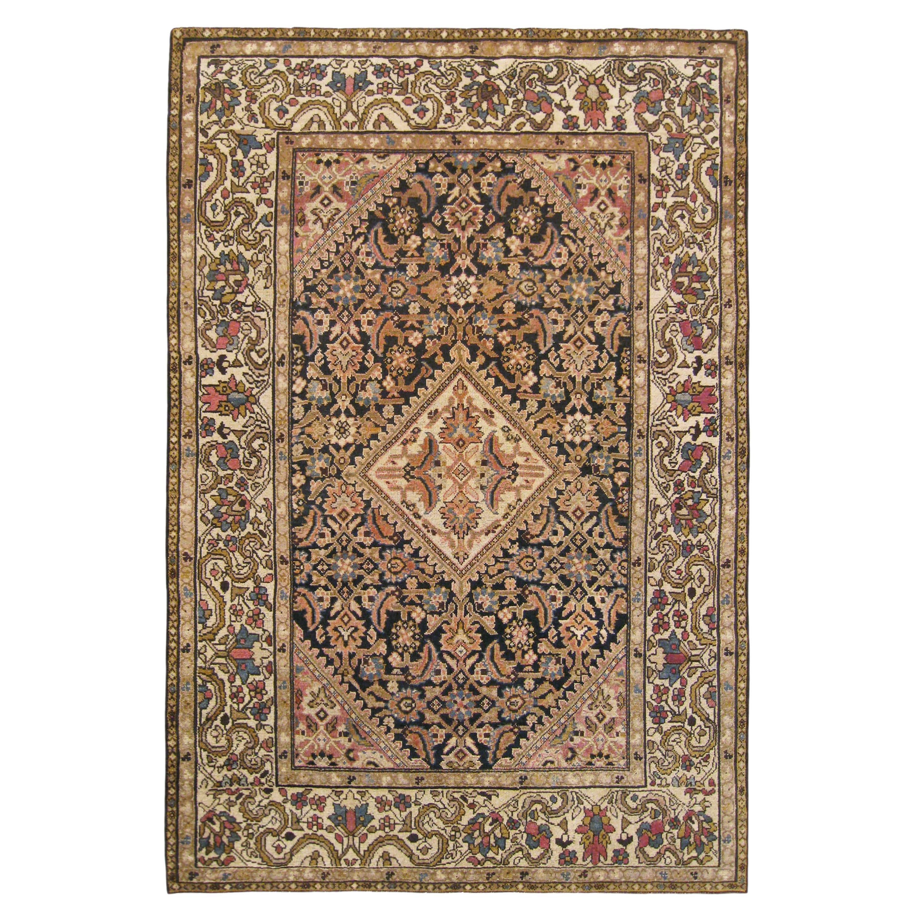 Antique Persian Malayer Oriental Rug, in Small Size, W/ Ivory Medallion & Border For Sale