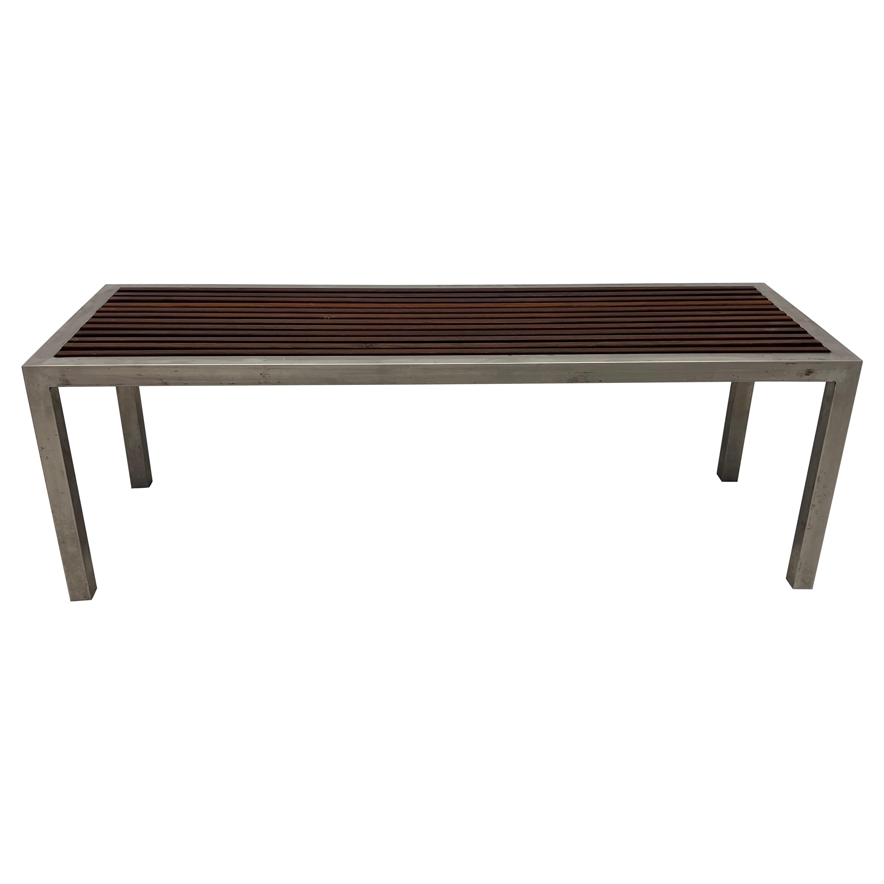 Mid-Century Parsons Style Teak Slat and Steel Indoor or Outdoor Bench