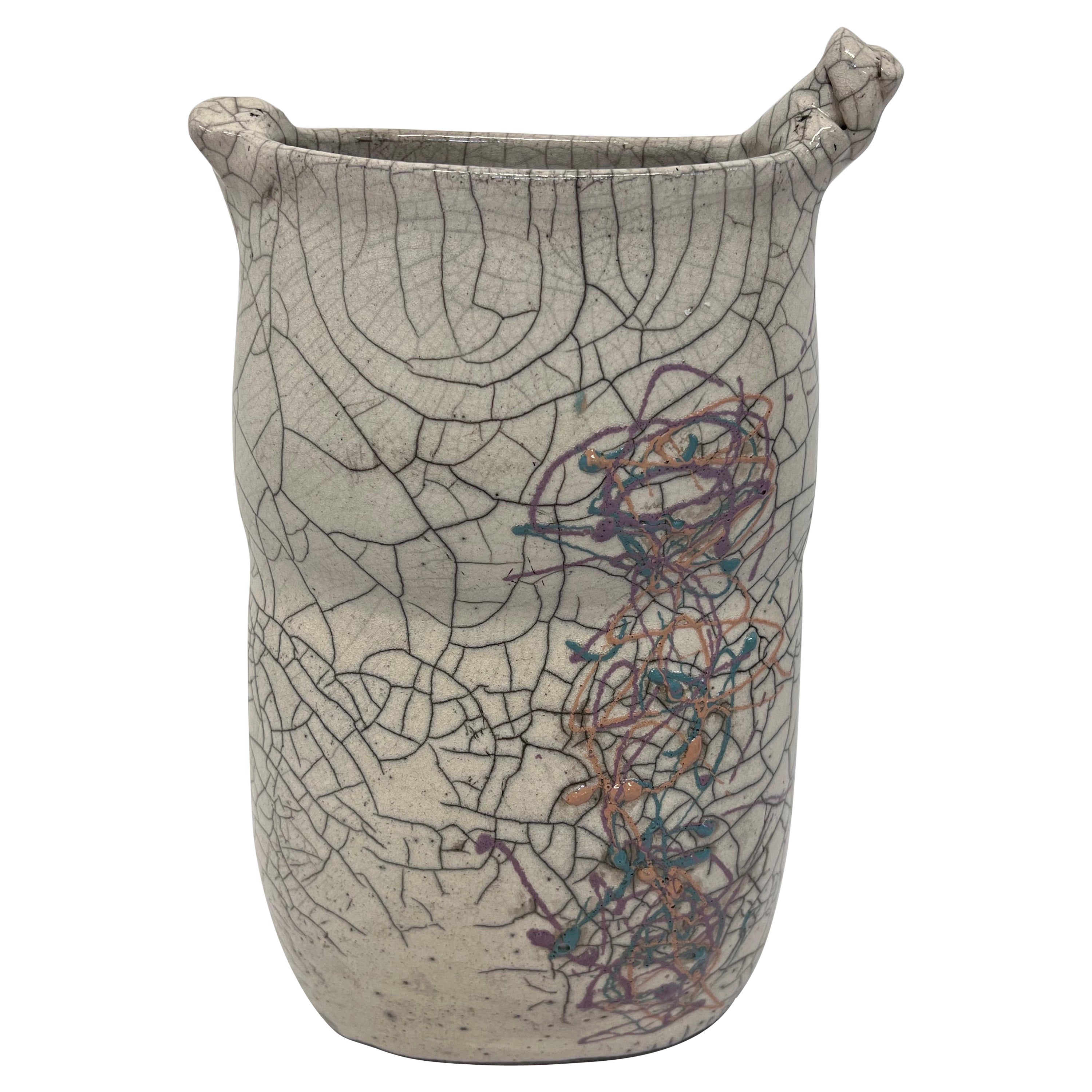 Postmodern Crackled Glaze Studio Pottery Vase with Colorful Design, 1980s