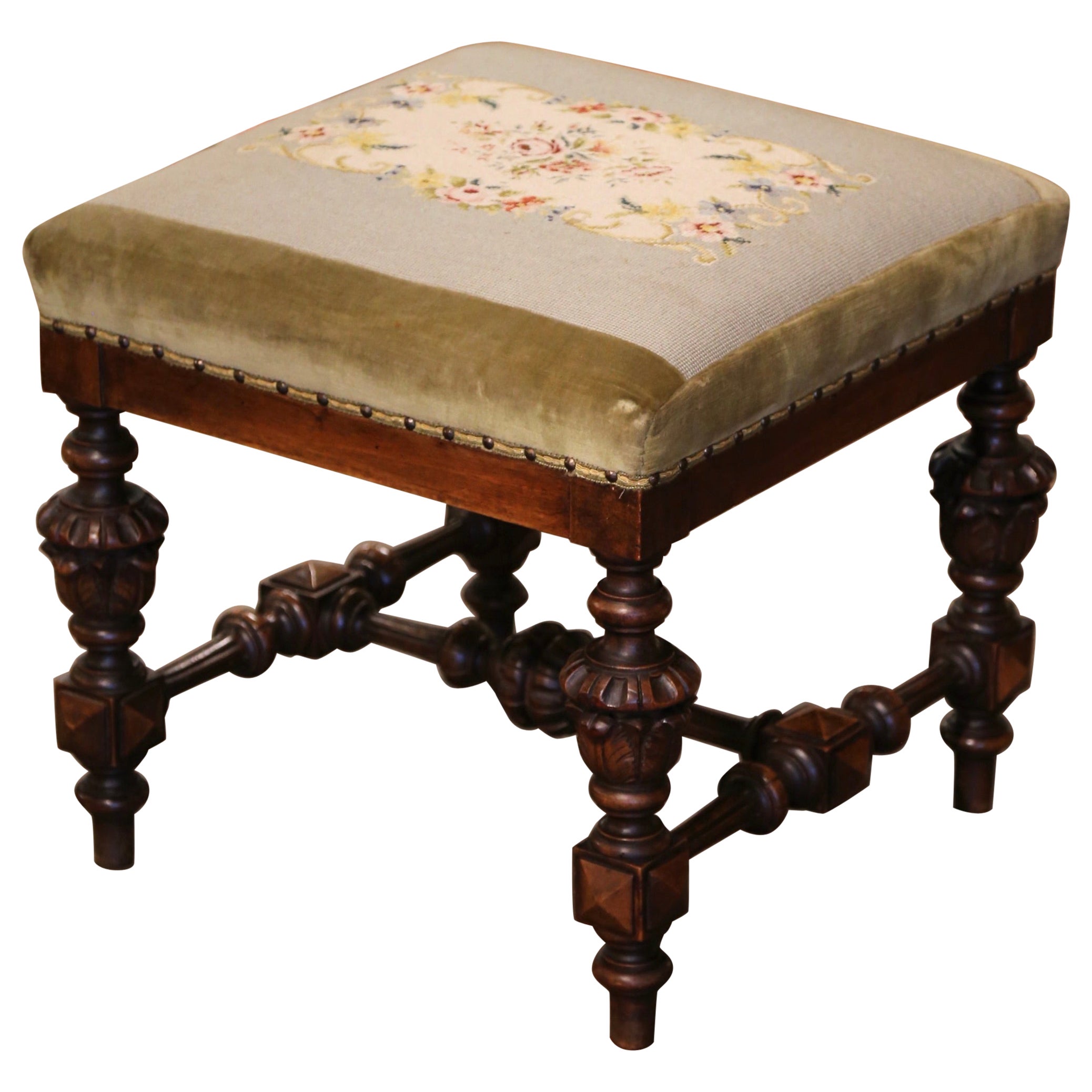 19th Century French Louis XIV Carved Walnut Stool with Needlepoint Tapestry For Sale