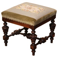 Antique 19th Century French Louis XIV Carved Walnut Stool with Needlepoint Tapestry