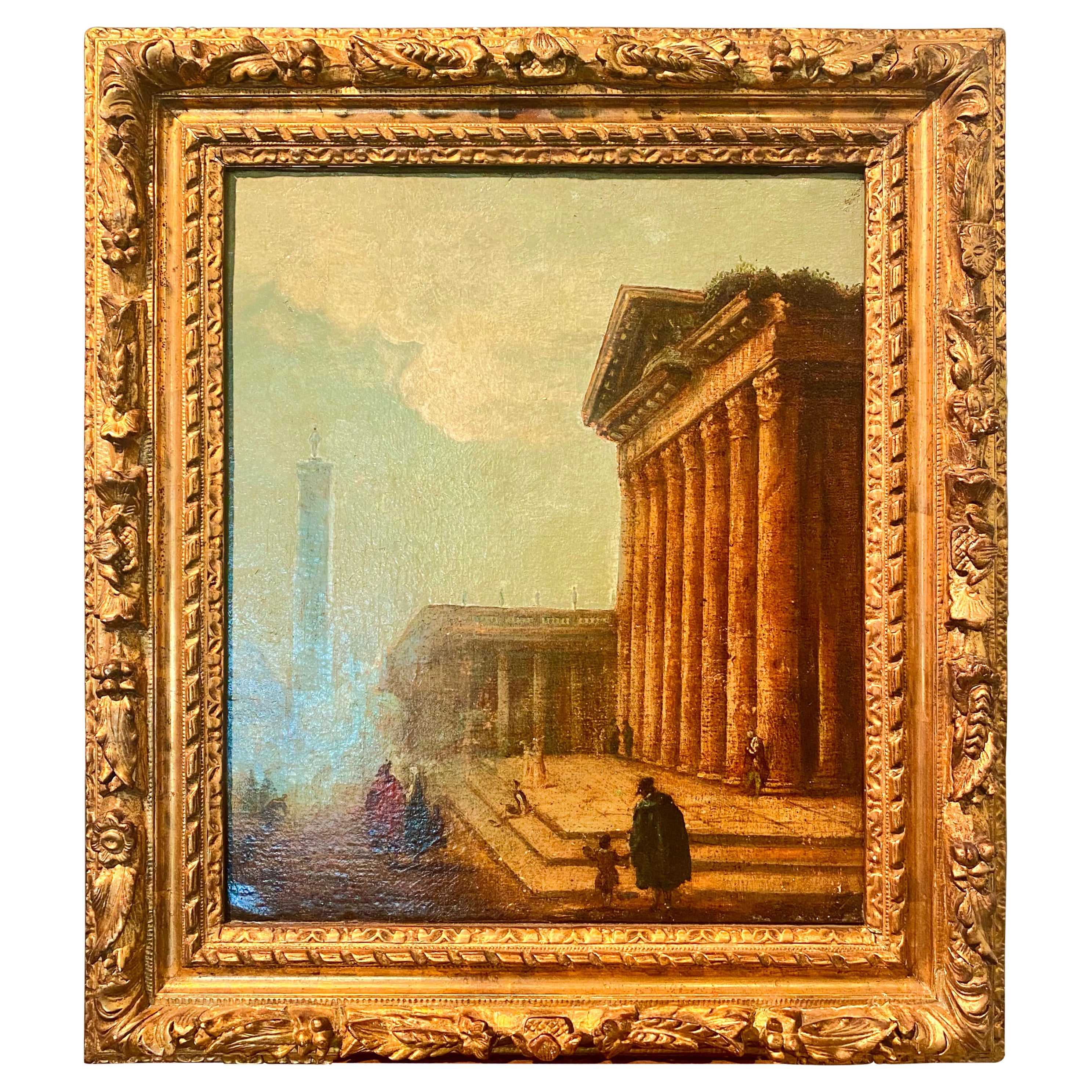 French Neoclassical Architectural Landscape, Oil on Canvas