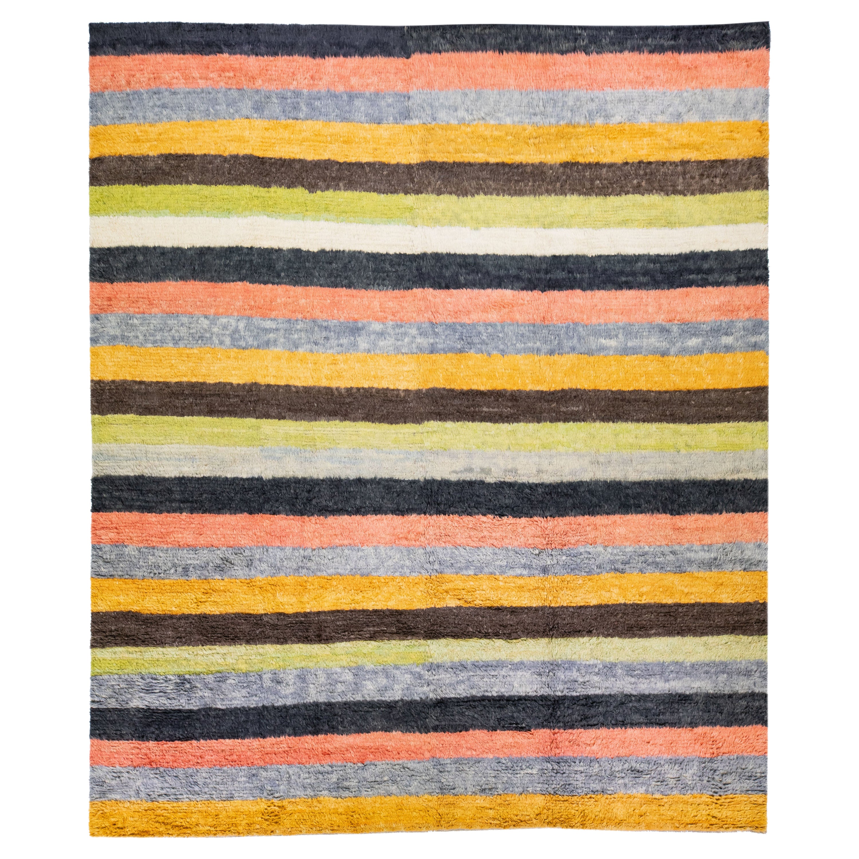 Striped Modern Tulu Handmade Multicolor Turkish Wool Rug For Sale