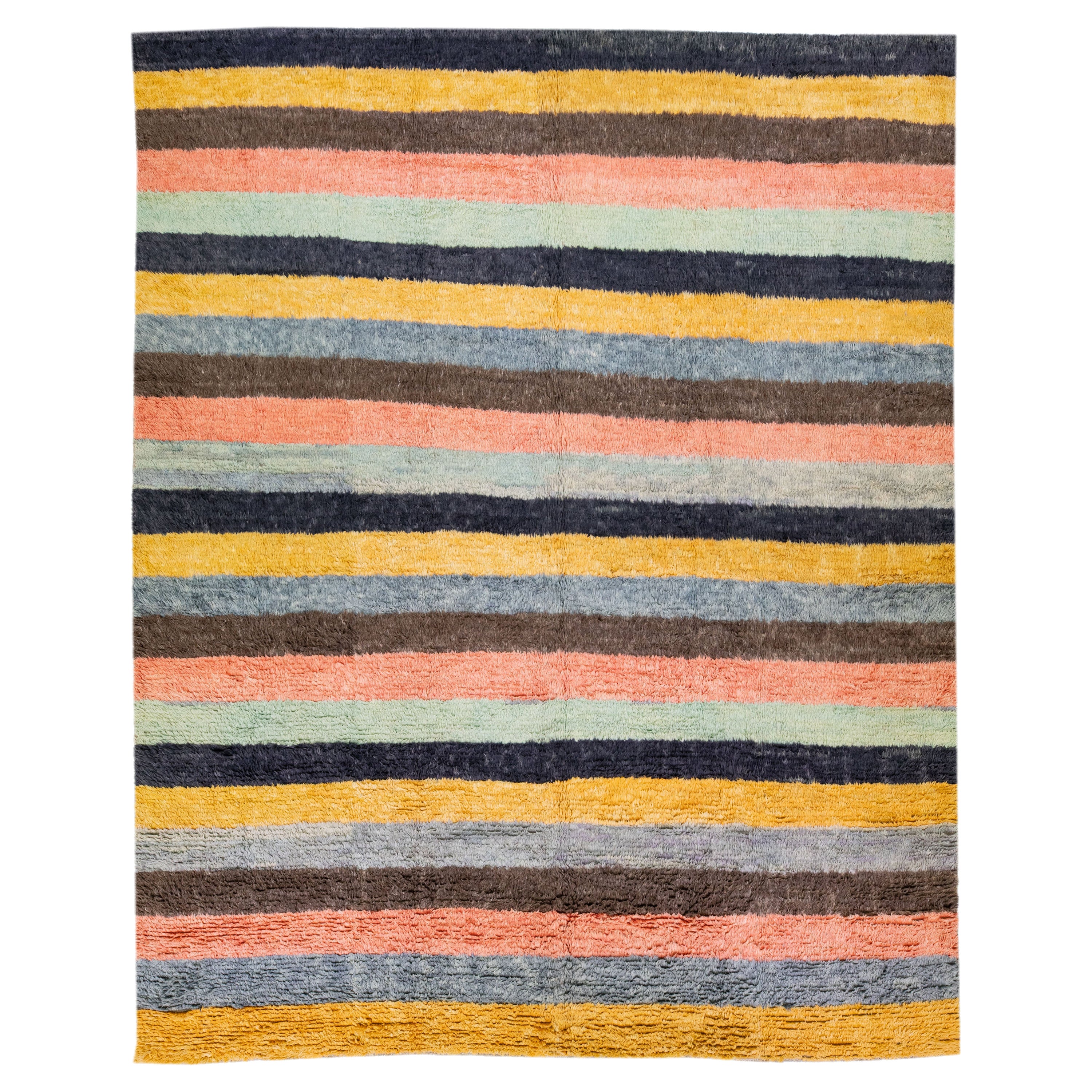 Modern Tulu Handmade Turkish Wool Rug with Multicolor Stripe Motif