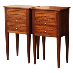 Pair of Mid-Century French Louis XVI Walnut Inlay Nightstands Bedside Tables