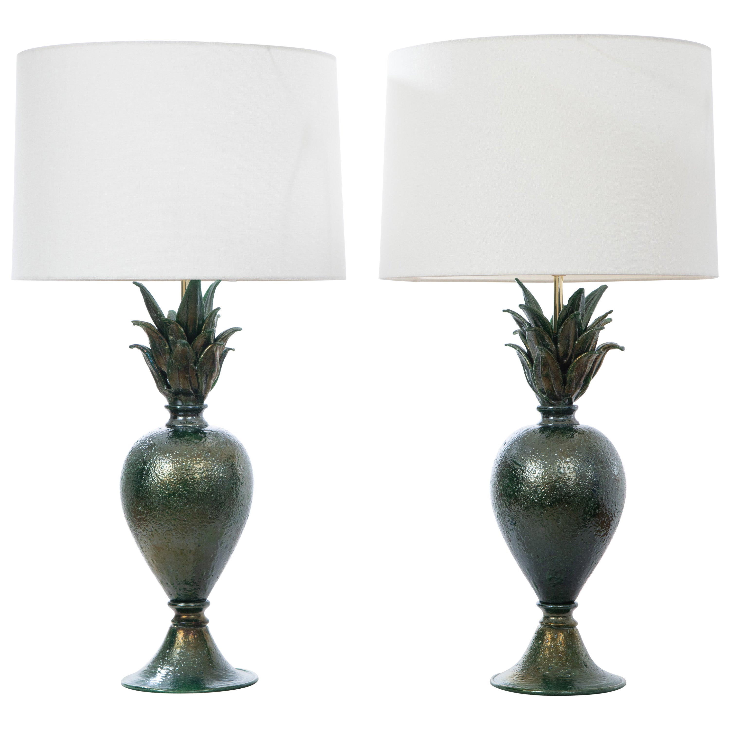 Pair of Green Pulegoso Murano Table Lamps, in Stock