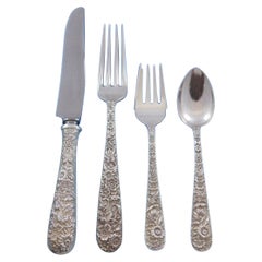 Antique Repousse by Kirk Sterling Silver Flatware Set for 12 Service 53 Pieces Dinner