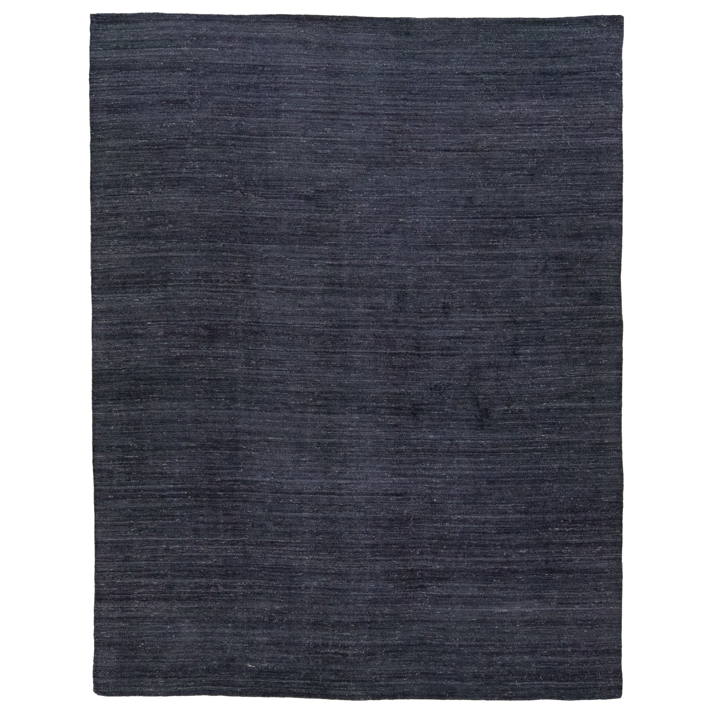 Modern Gabbeh Style Handmade Charcoal Wool Rug with Solid Motif For Sale