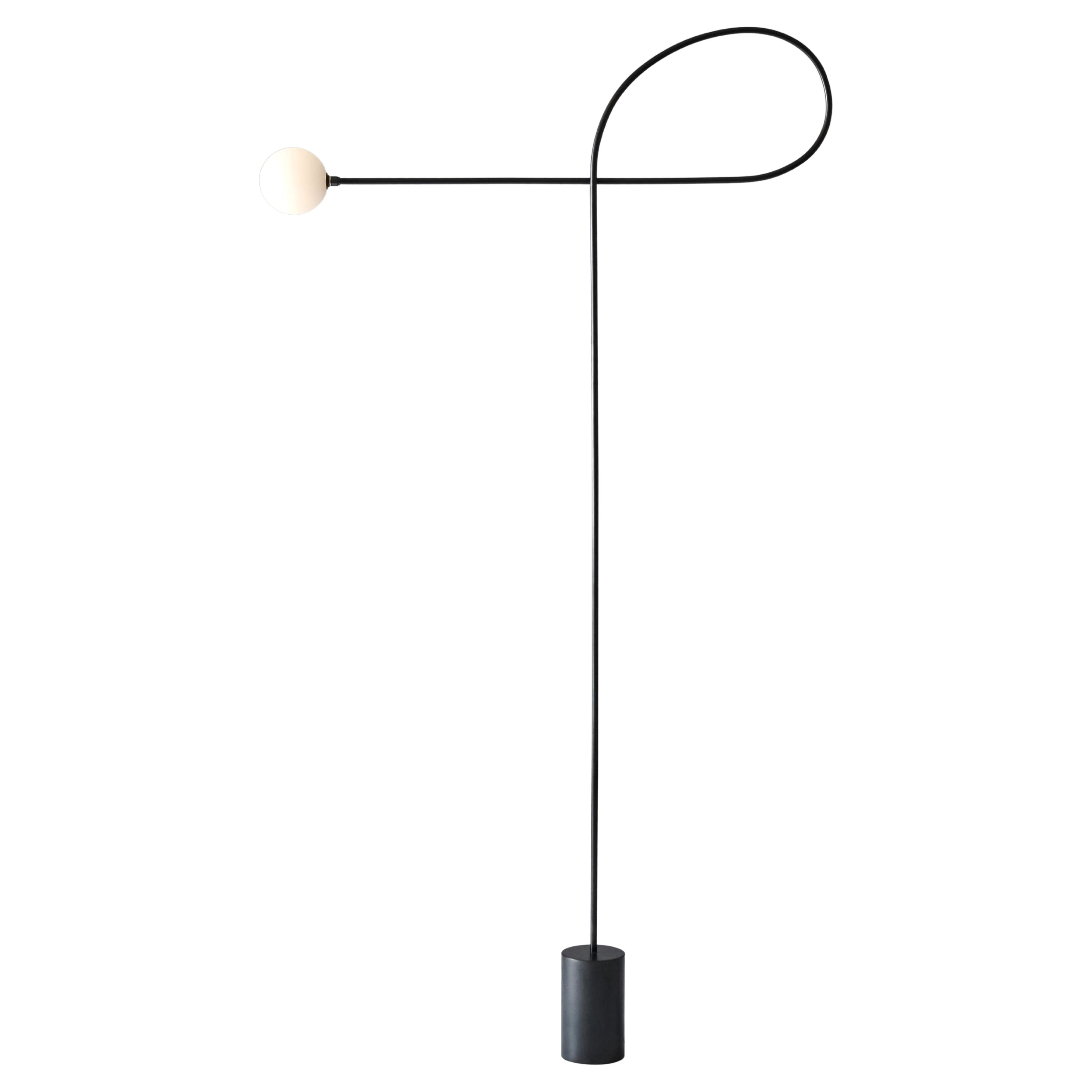 In Stock Bow Floor Lamp in Blackened Steel and Hand Blown Glass, Estudio Persona