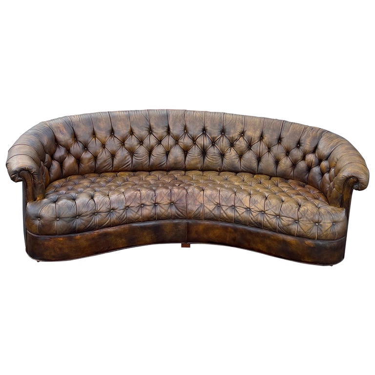 Curved Brown Leather Chesterfield Sofa For Sale at 1stDibs