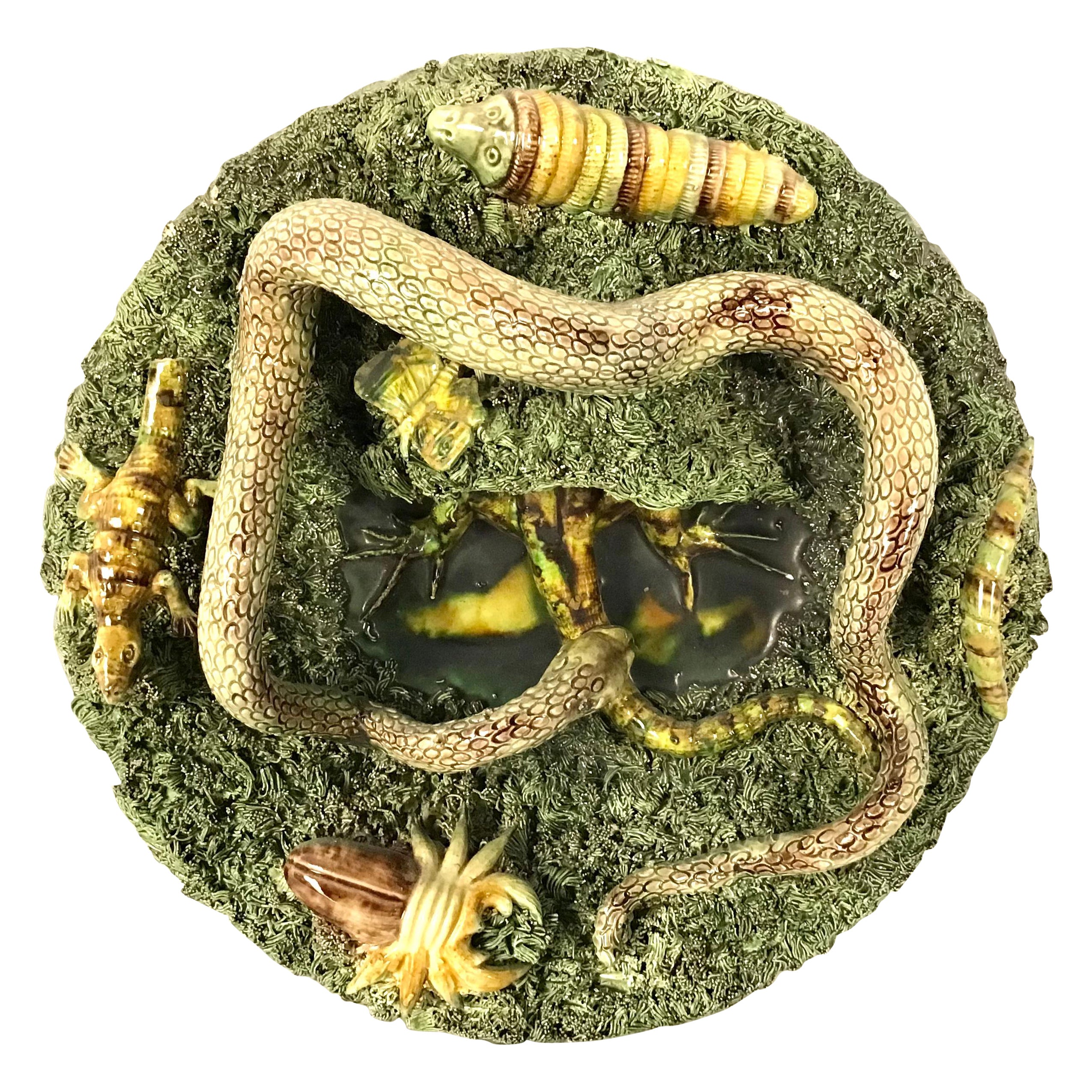 19th Majolica Palissy Snake and Lizard Wall Platter Jose Alves Cunha For Sale