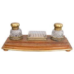 Antique 19th Century French Baccarat Crystal & Oak Double Inkwell Inkstand Desk Set