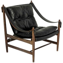 Retro Safari Chair in Black Leather and Wood, 1960s