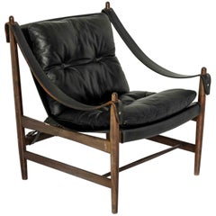 Fauteuil Safari en cuir noir et bois, années 1960
