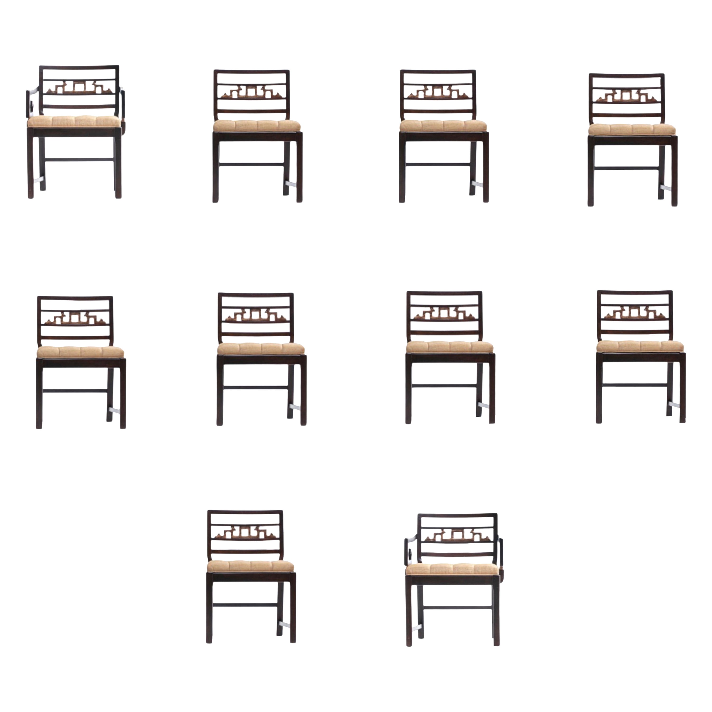 Grand ensemble de dix chaises de salle à manger Baker en acajou noir et or, vers 1950