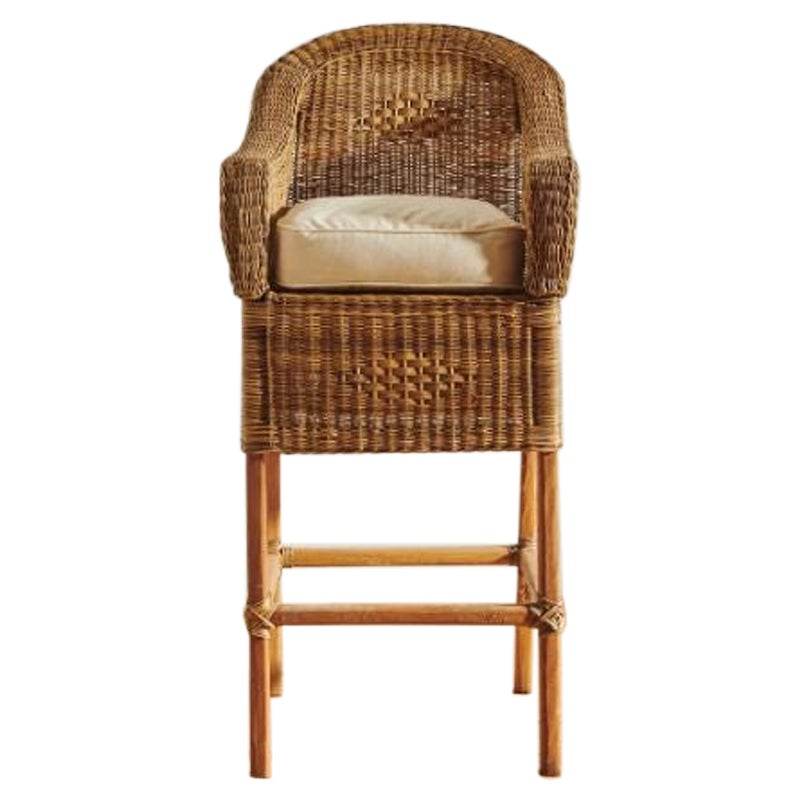 Handwoven Malawi Cane Bar Stool in Classic Weave with White Linen Cushion For Sale