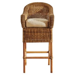 Handwoven Malawi Cane Bar Stool in Classic Weave with White Linen Cushion