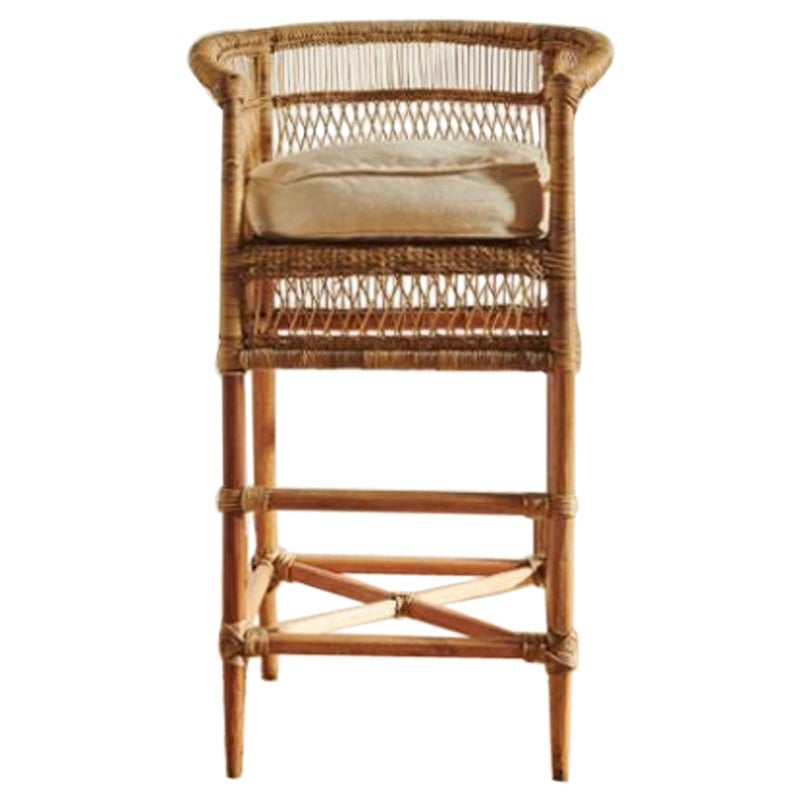 Handwoven Malawi Cane Bar Stool in Traditional Weave with White Linen Cushion For Sale