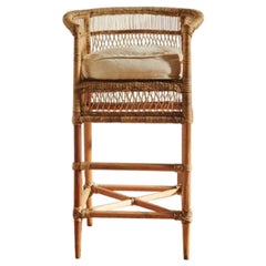 Handwoven Malawi Cane Bar Stool in Traditional Weave with White Linen Cushion