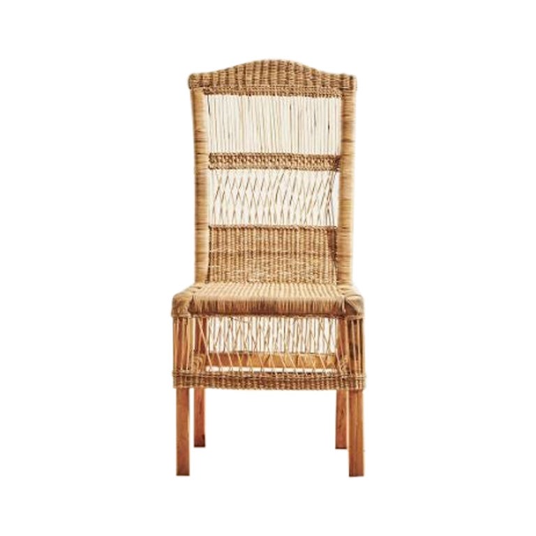Handwoven Malawi Cane Dining Chair in Open Weave with White Linen Cushion For Sale
