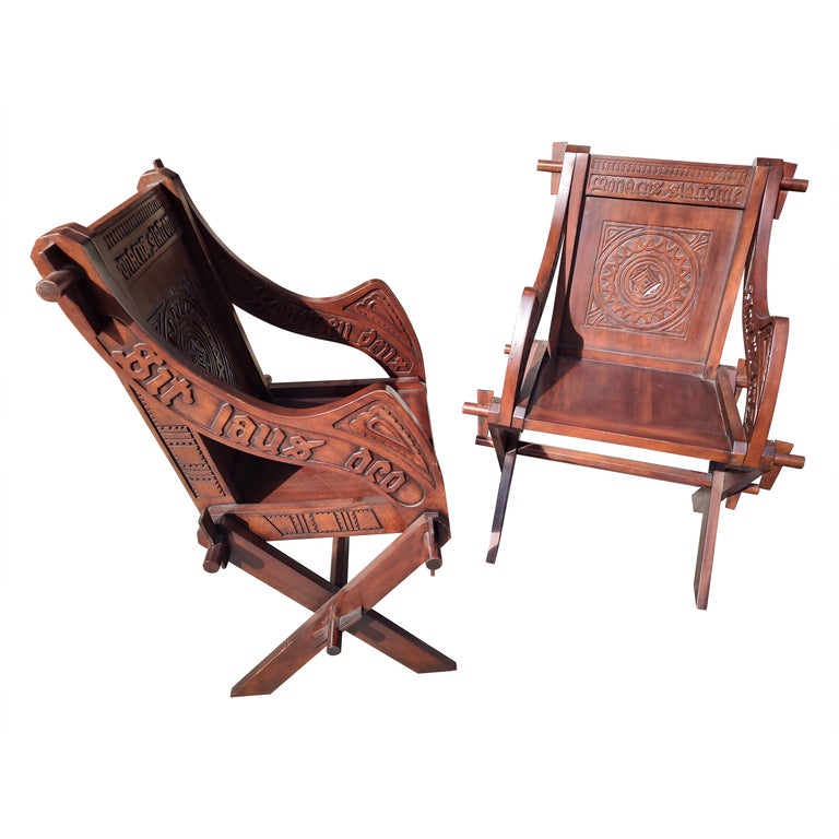 Pair of Mahogany Highly Carved Glastonbury Chairs For Sale