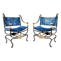 Pair of Maison Jansen Style Wrought Iron Campaign Chairs, Circa 1950s