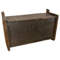 Colonial Hand-Carved Wooden Box with Lid on Top