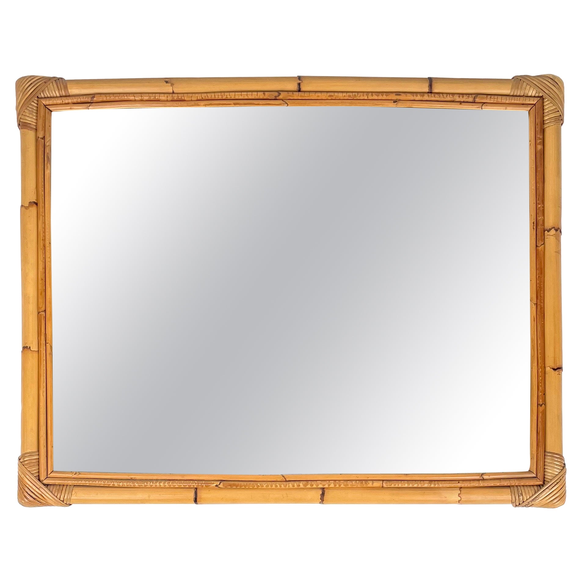 Mid Century Large Cane / Rattan Rectangular Wall Mirror, Italian, 1970s