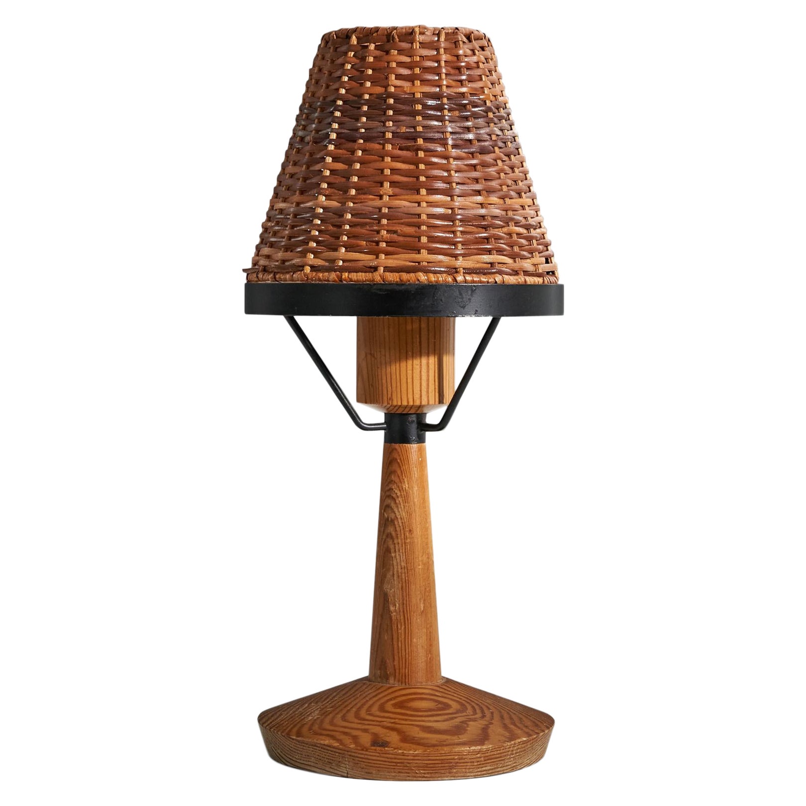 Swedish Designer, Table Lamp, Pine, Rattan, Metal, Sweden, C. 1970s For Sale