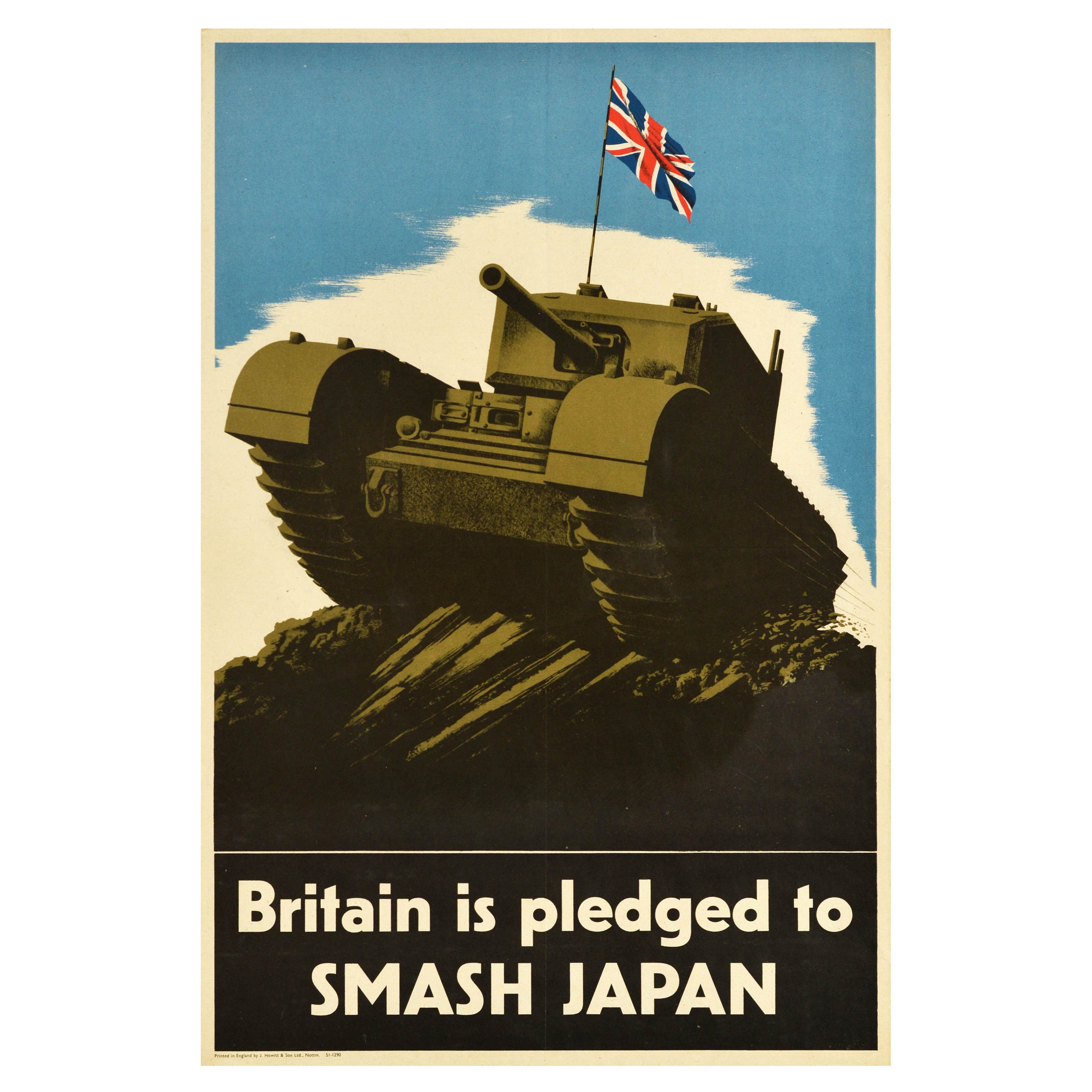 Original Vintage WWII Poster Britain Is Pledged To Smash Japan Military War Tank For Sale