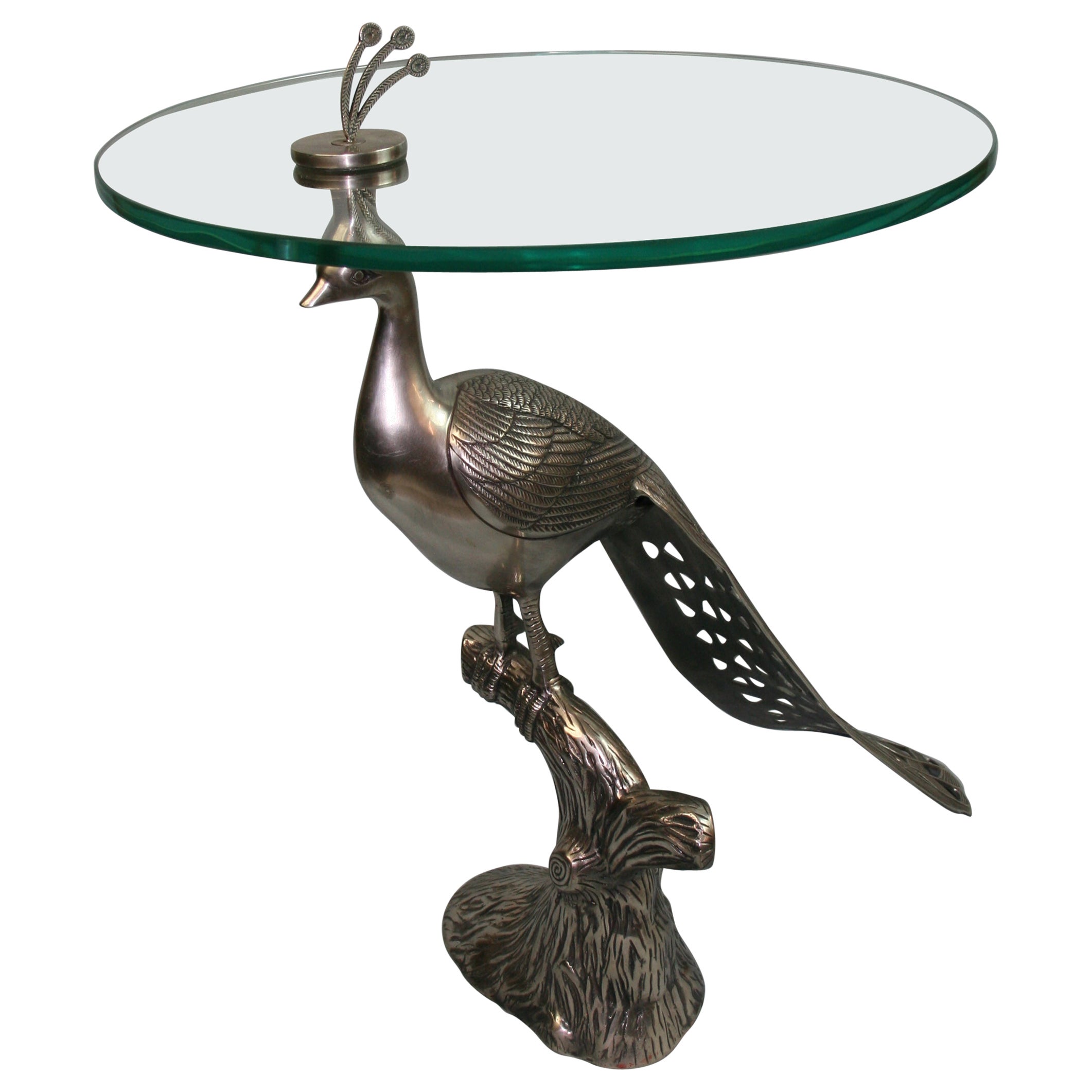 Vintage Nickeled Brass Peacock Table with Glass Top