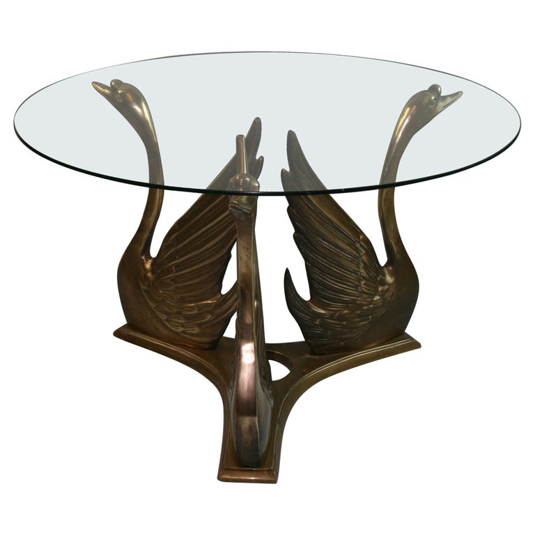 Hollywood Regency Style Glass Top Coffee Table with Brass Swan Base For Sale