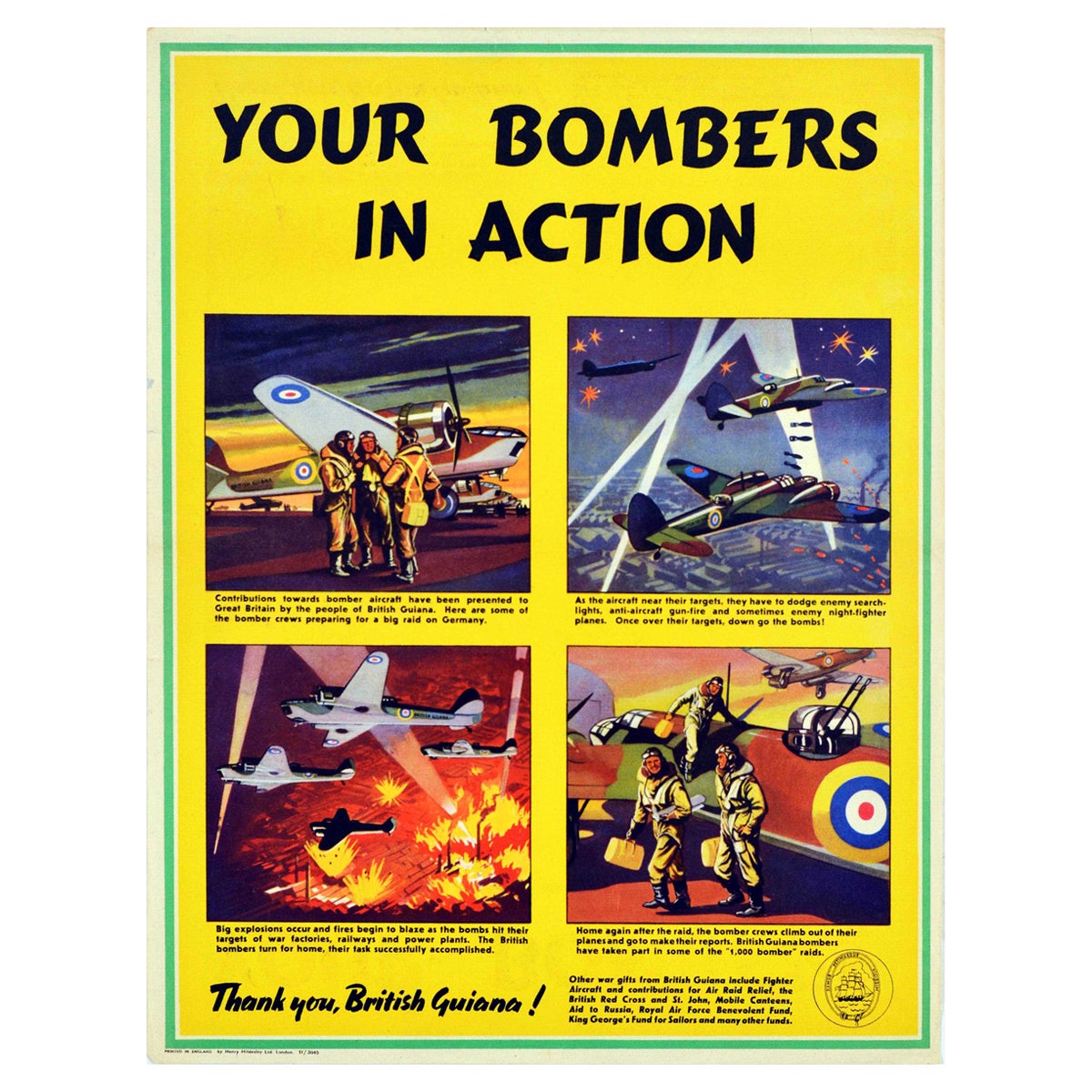 Affiche rétro originale de la Seconde Guerre mondiale Your Bombers In Action Merci You British Guiana RAF en vente