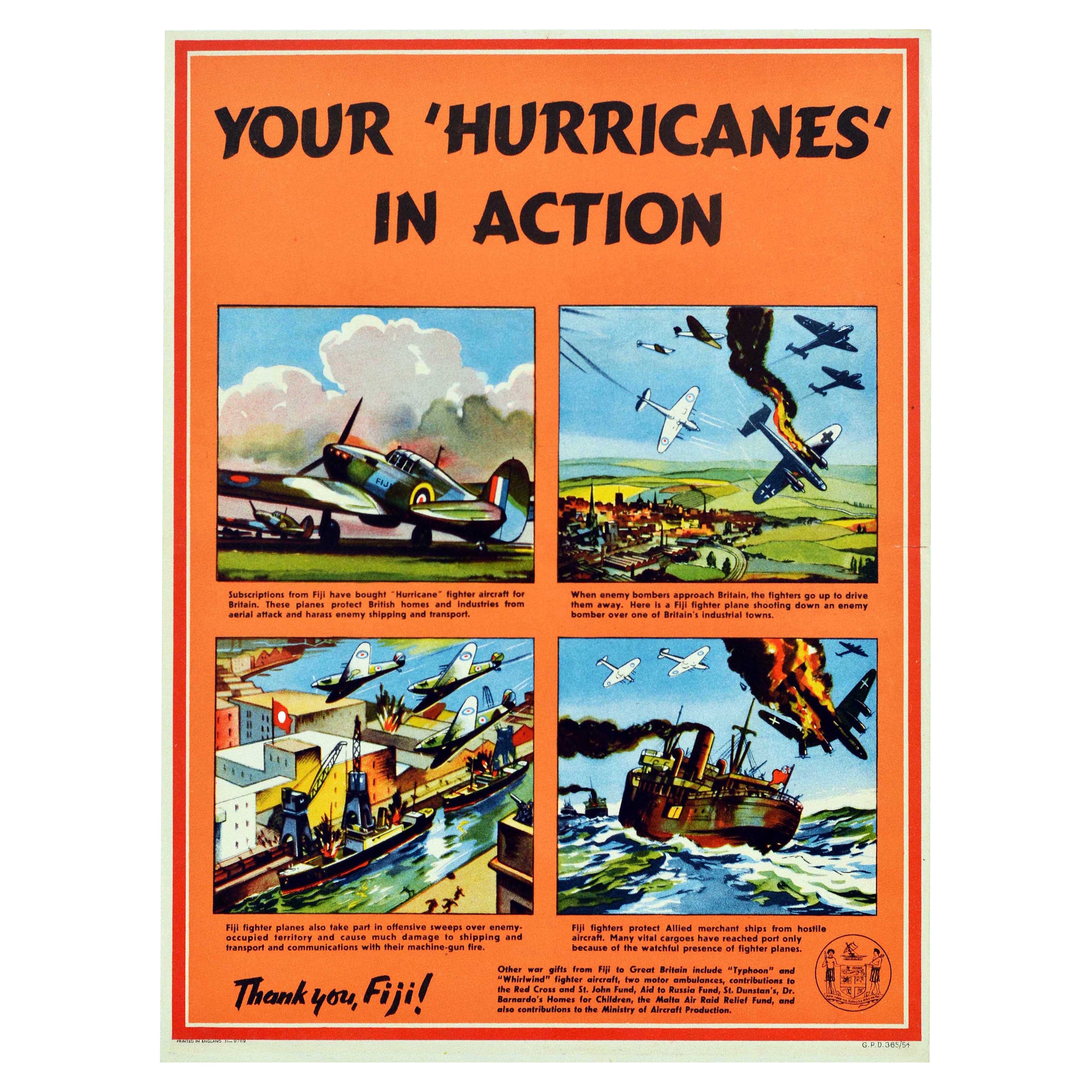 Affiche vintage d'origine de la Seconde Guerre mondiale Your Hurricanes In Action Merci You Fiji RAF Planes en vente