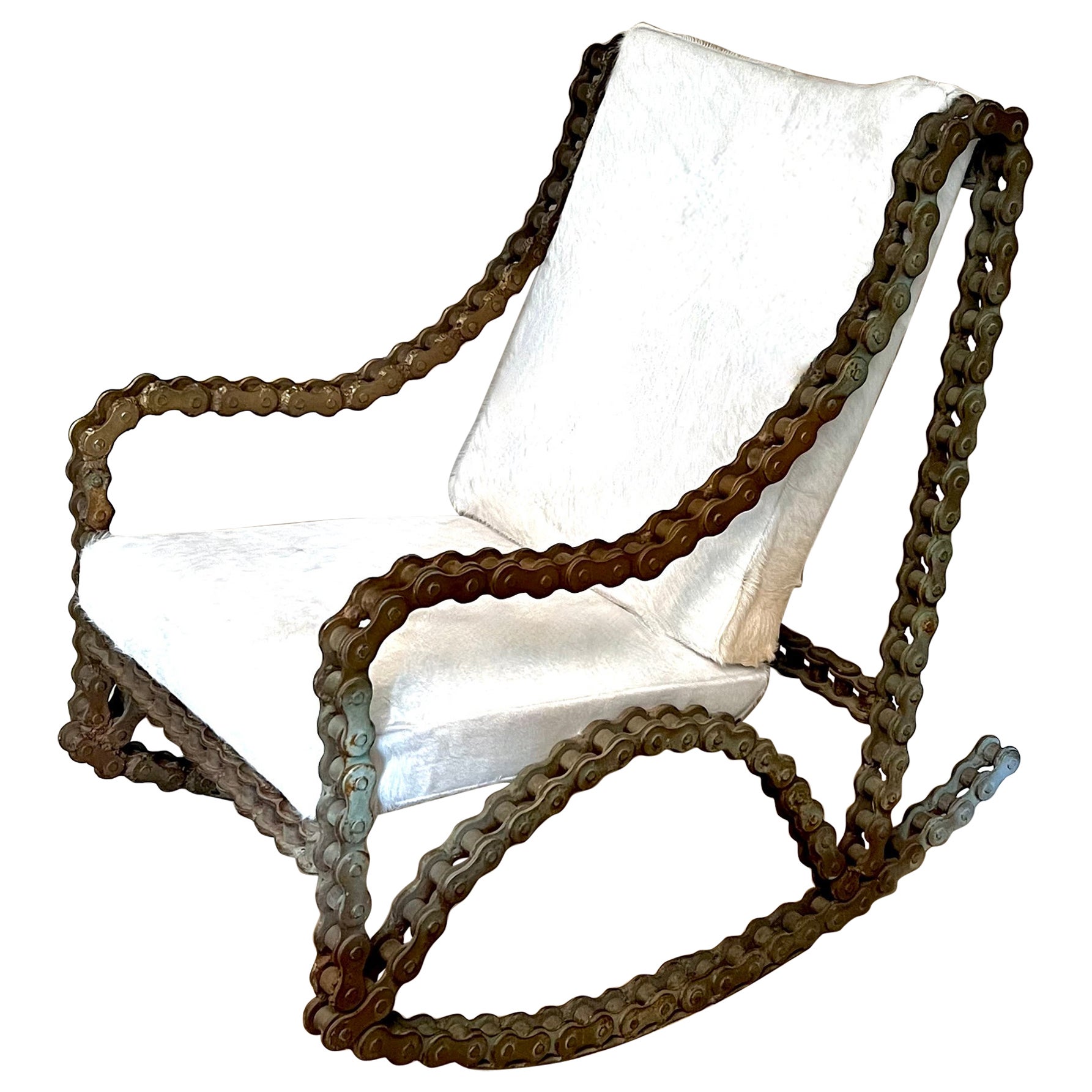 Industrial Chain Rocking Chair with Pony Skin Cushions For Sale