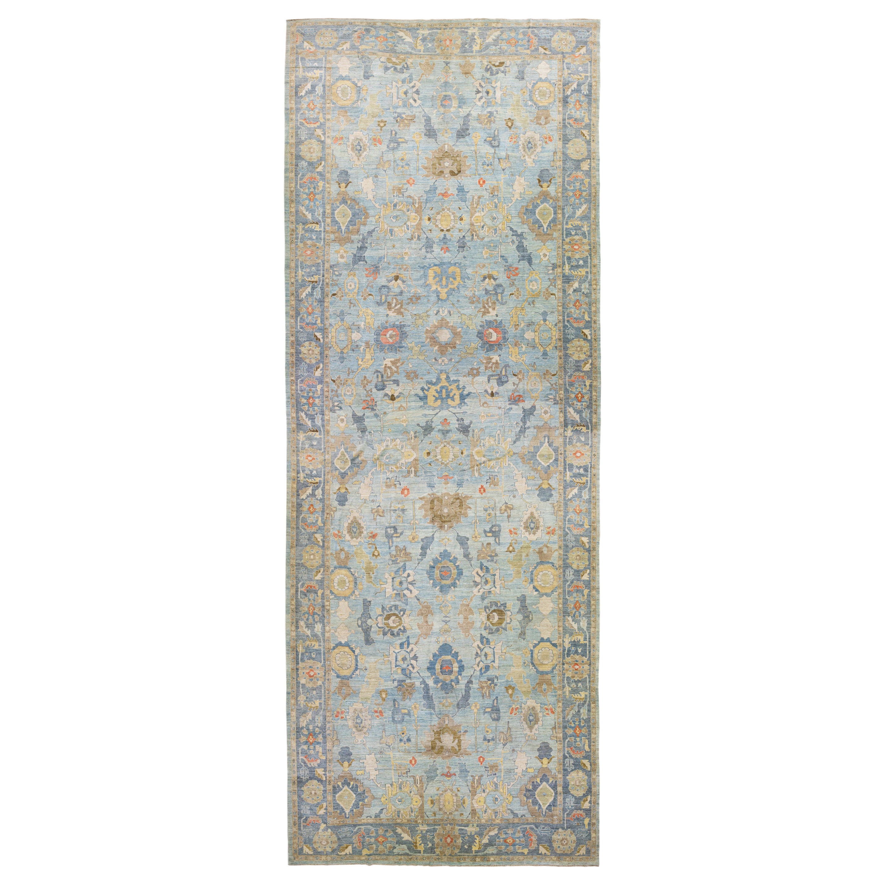 Blaue moderne Sultanabad Handgefertigte Wolle mit Blumenmuster, Moderne im Angebot