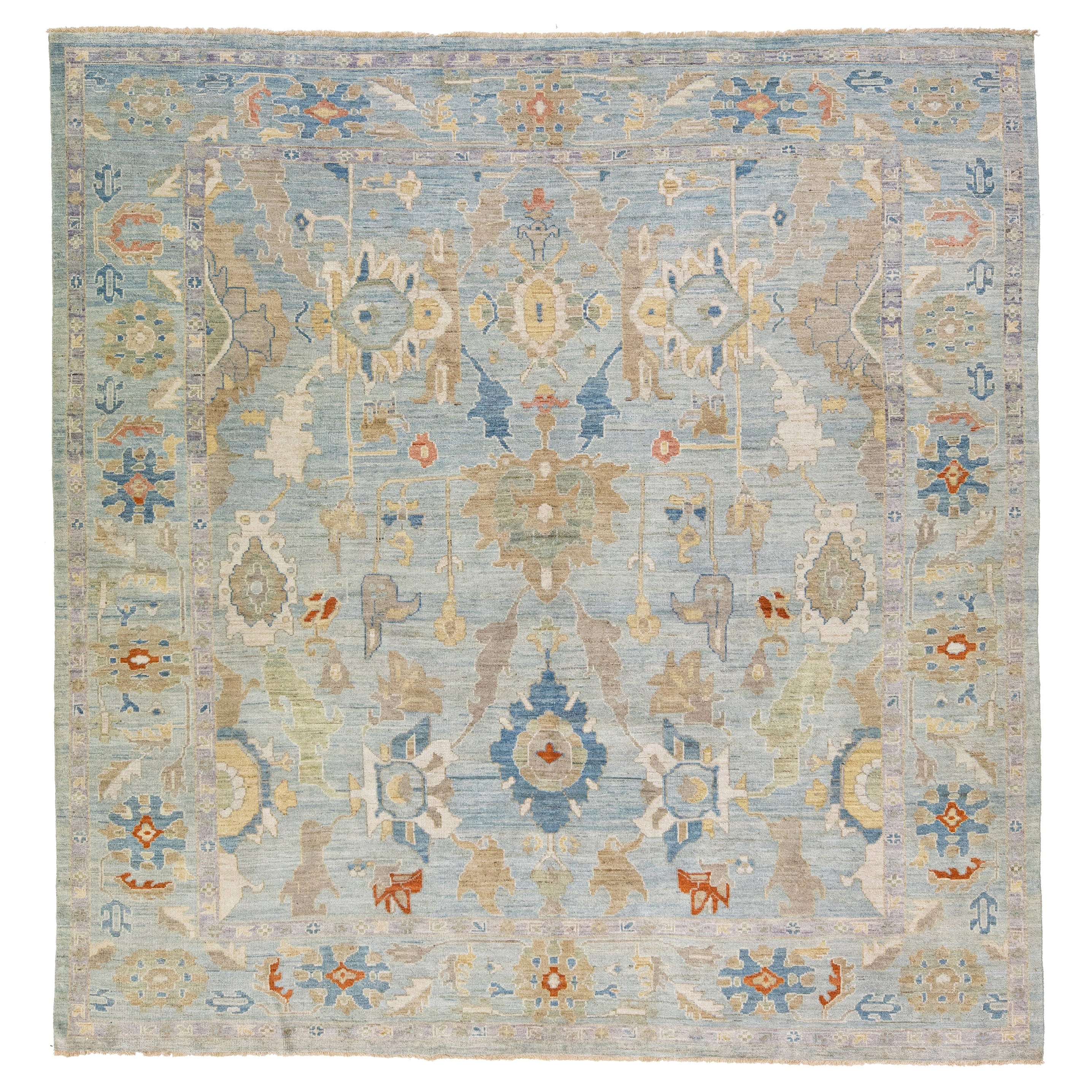Contemporary Sultanabad Blue Handmade Floral Wool Rug For Sale